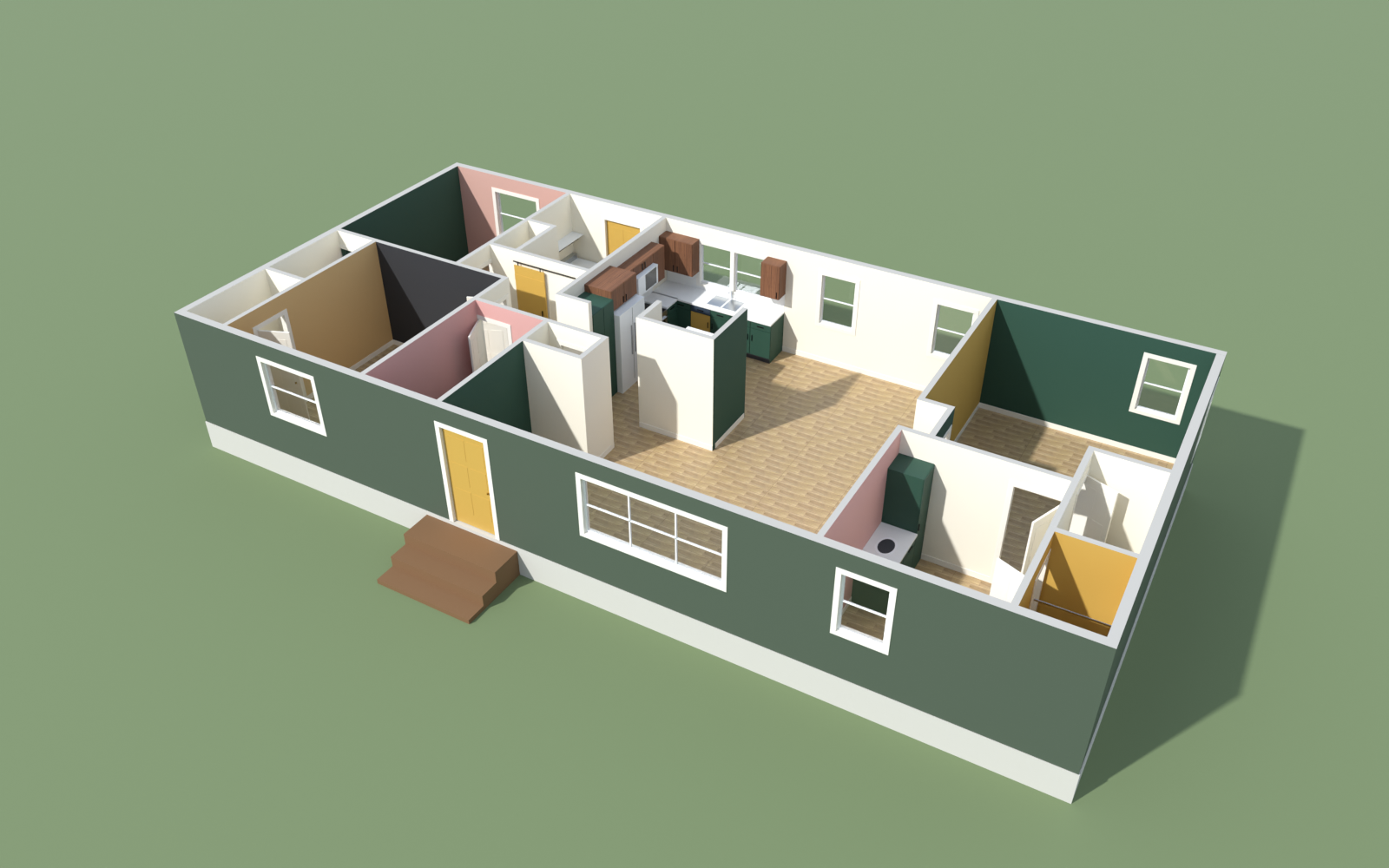 A 3D cutaway of a house with painted walls, rendered in Blender